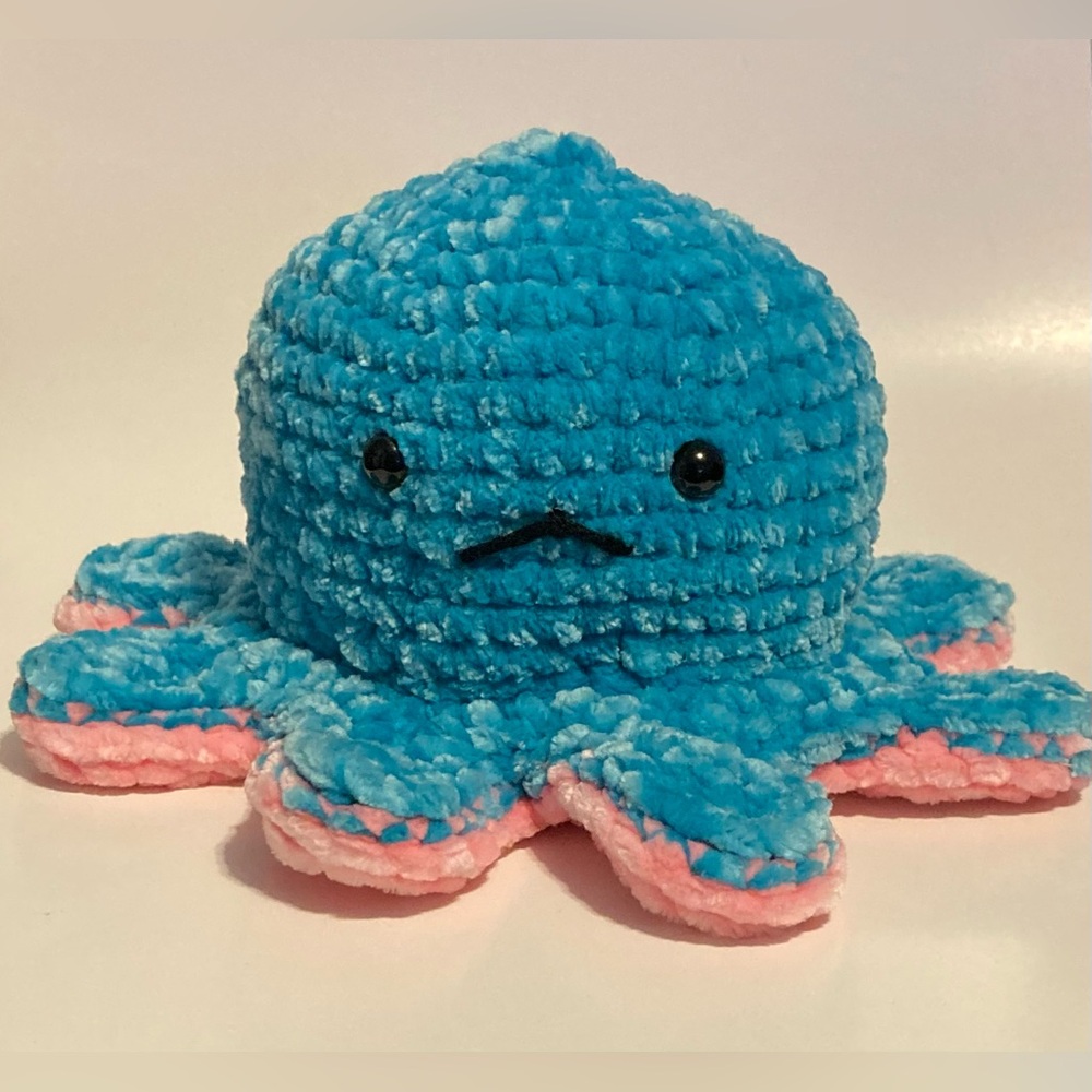 Hand crocheted dual sided octopus plushie.